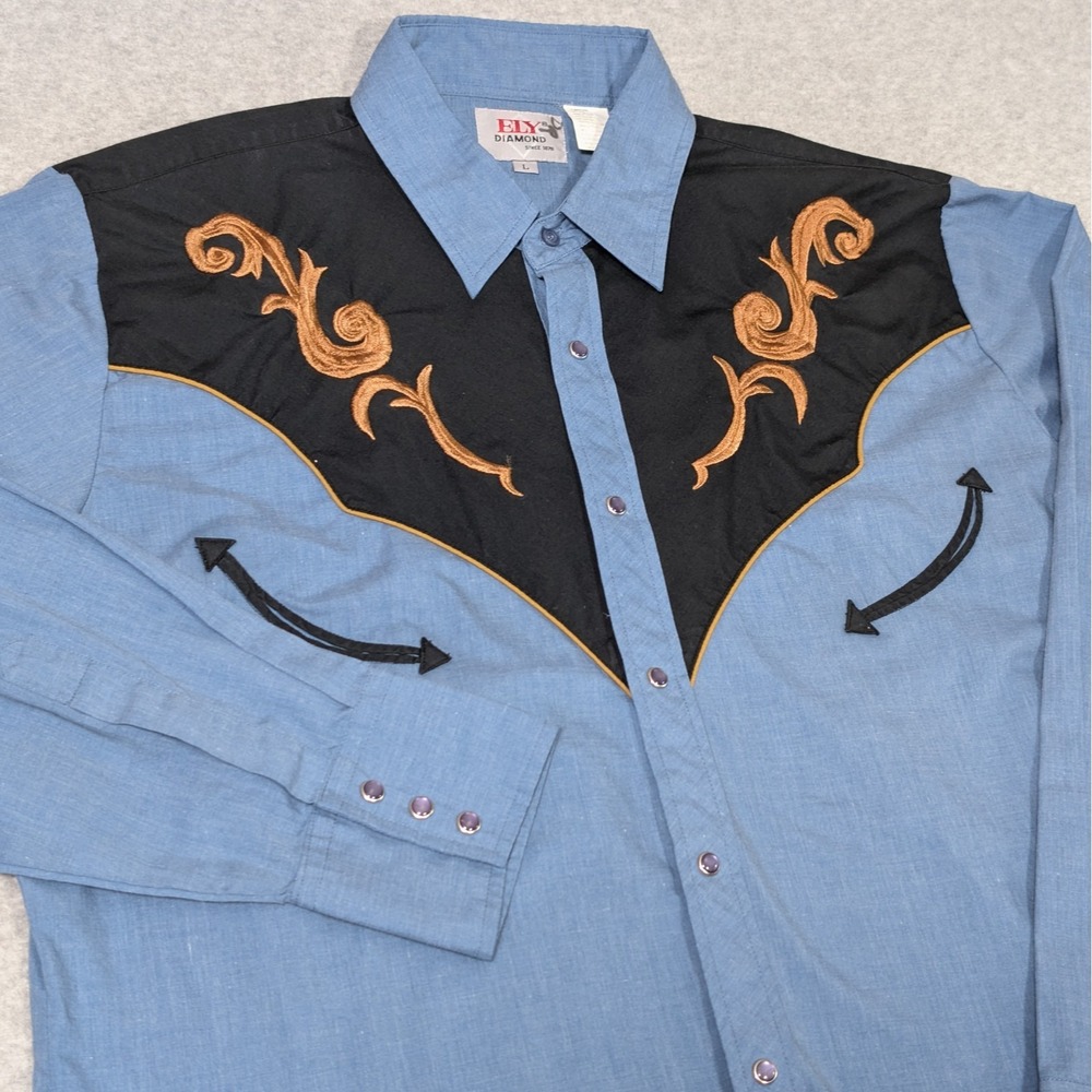 Vintage ELY Diamond Western Pearl Snap Up Shirt Men's Large Embroidered Yoke